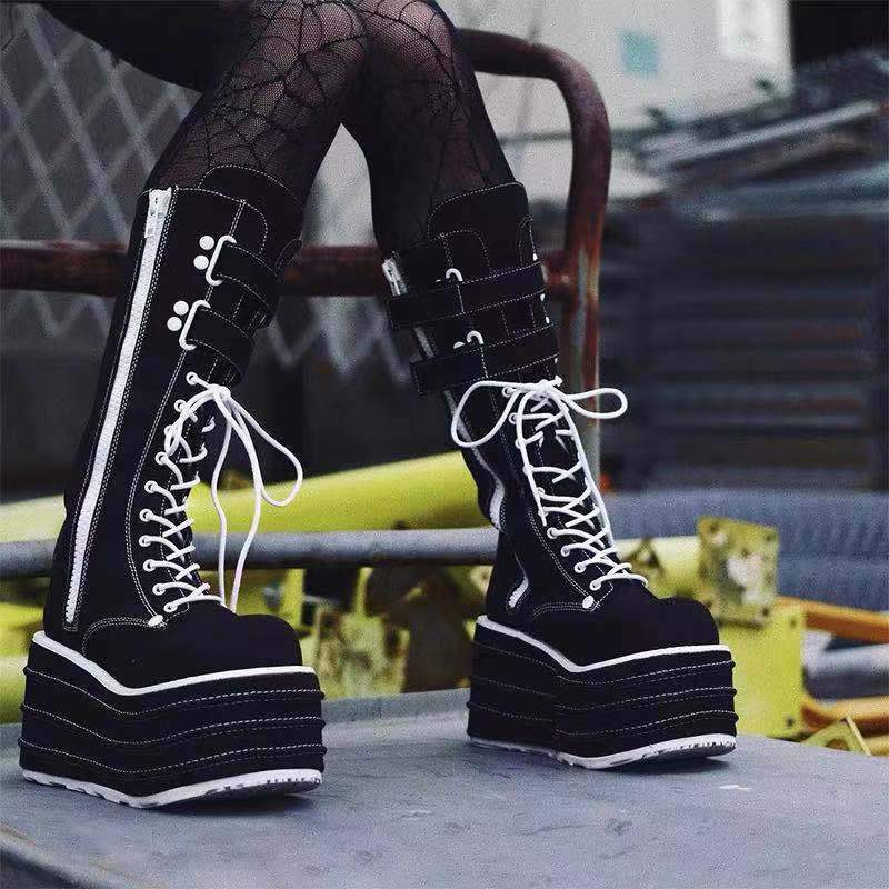 Women's black white steampunk thick platform front lace mid calf boots