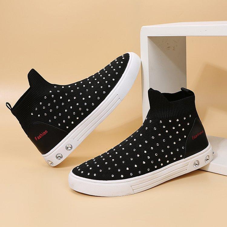Rhinestone stretchy sock sneakers slip on round toe casual shoes