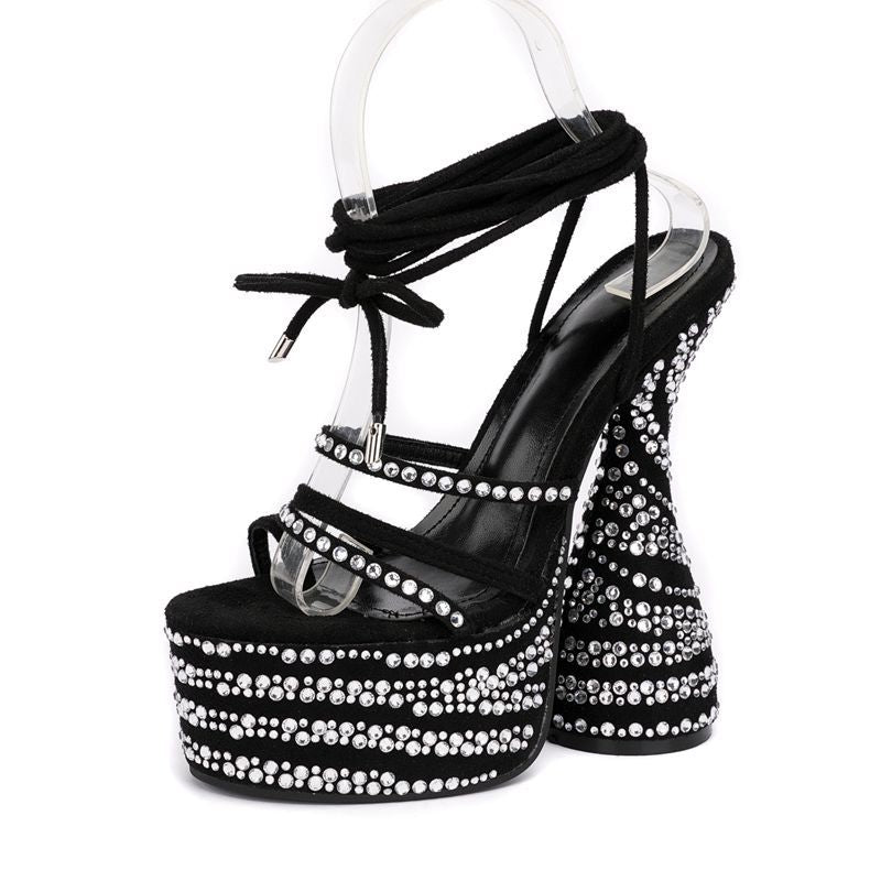 Women's rhinestone sexy black lace-up chunky high heels | Ankle tie-up summer party heels
