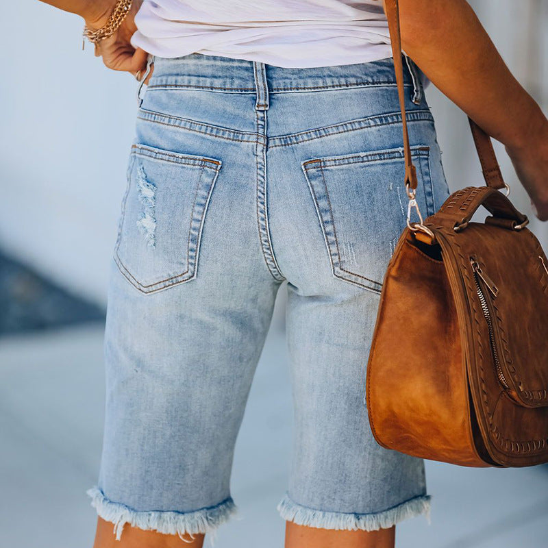 Women's summer ripped distressed half jeans mid rise denim shorts