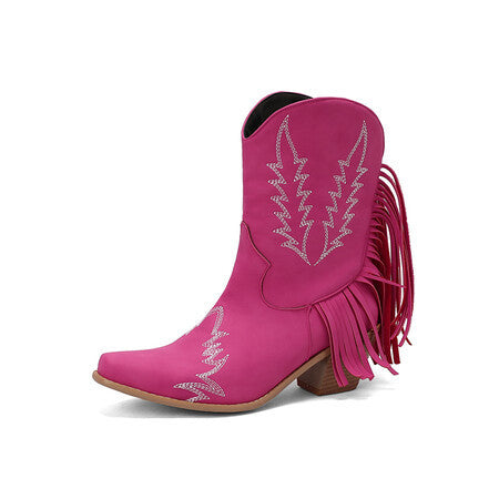 Women's fringe mid calf cowboy boots Embroidery short western boots block heels