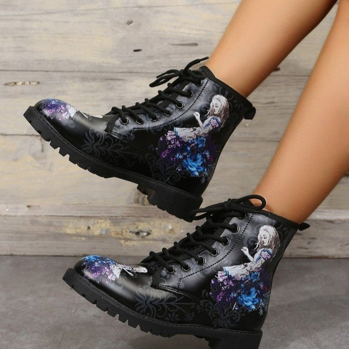 Women's black cartoon firgue printed ankle booties low heels combat boots lace-up