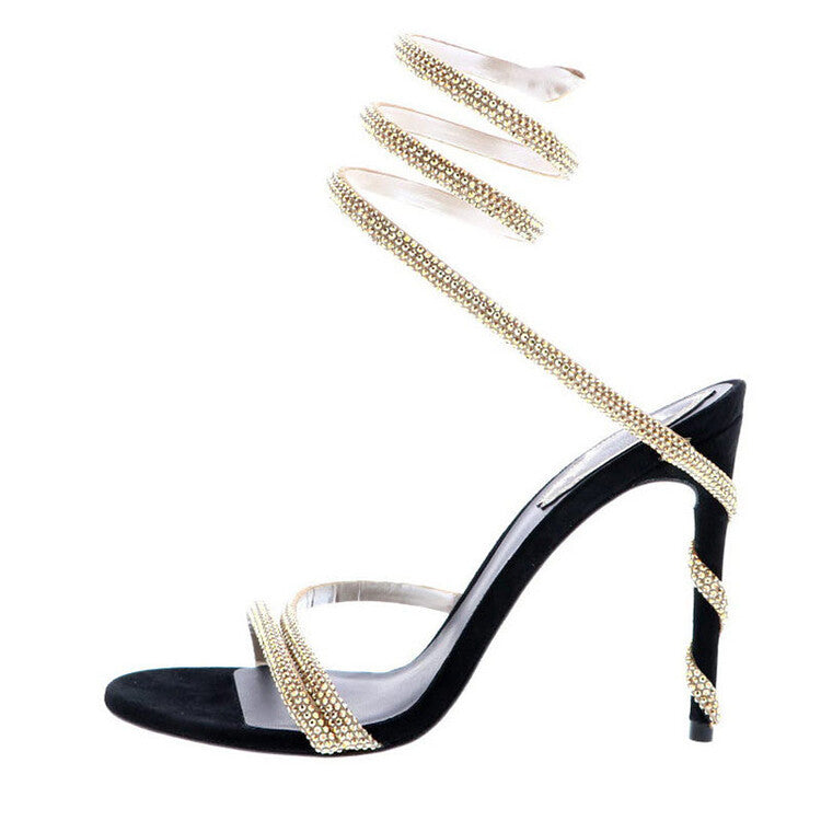 Women's rhinestone ankle wrap strappy stiletto heels sandals Sexy for party prom