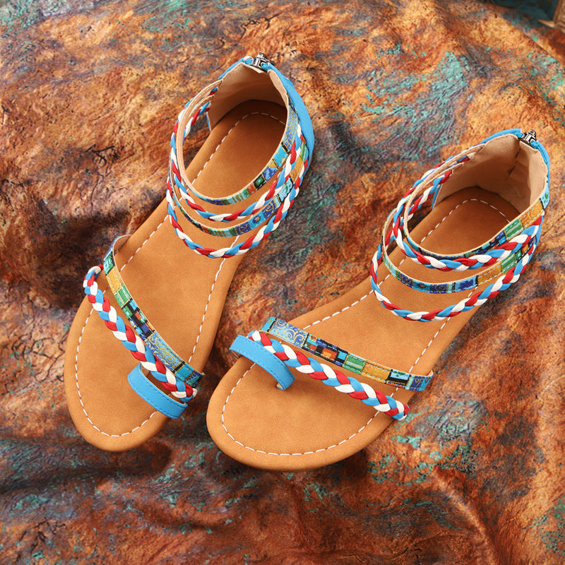 Women's blue bohemia ethnic braided ankle strap sandals flat  toe ring beach sandals