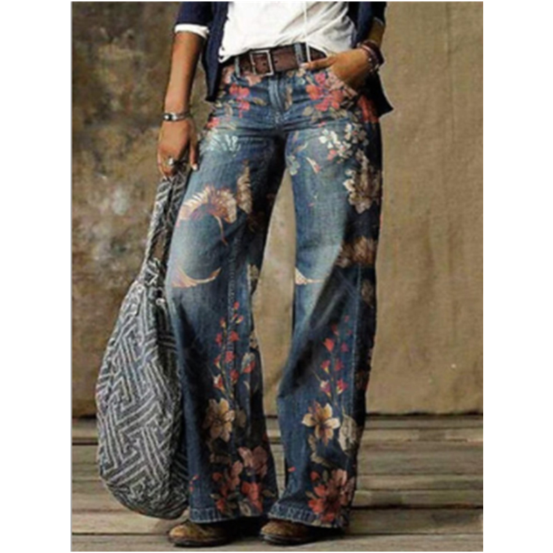 Women's vintage flower print wide leg jeans