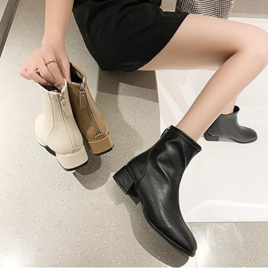 Women's elegant square toe block heel ankle booties with back zipper