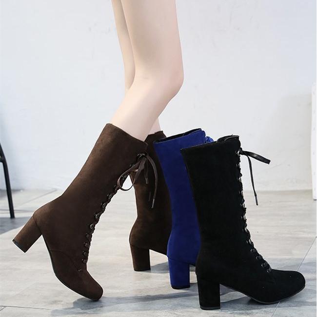 Faux suede lace-up chunky high heel tall boots for women