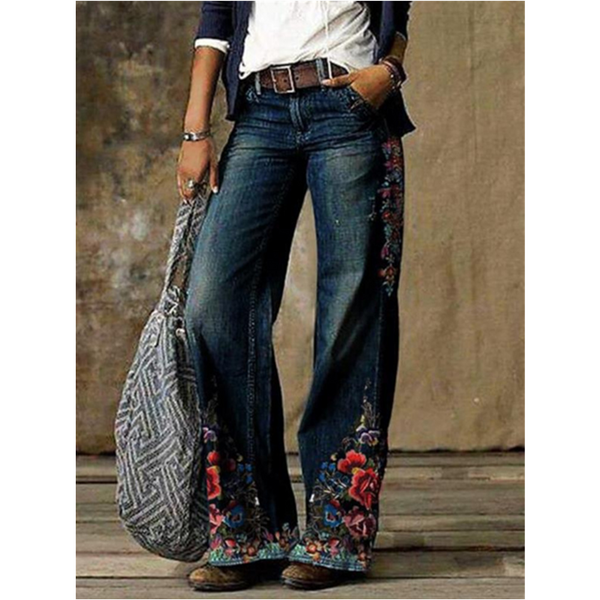 Women's vintage flower print wide leg jeans