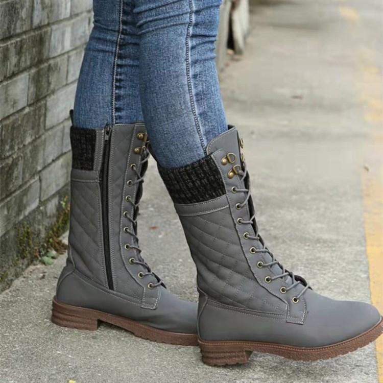 Sweater cuff low heel lace-up mid calf biker boots