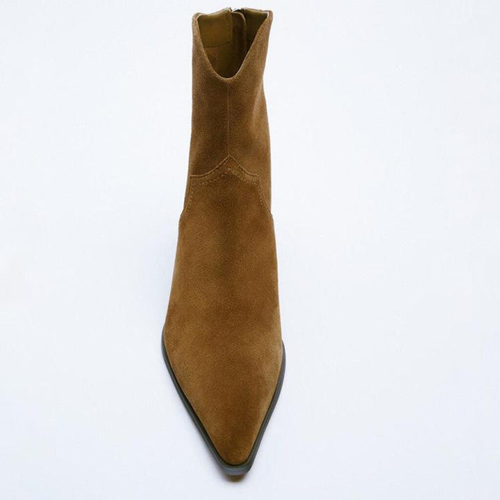 Brown block heel booties with back zipper