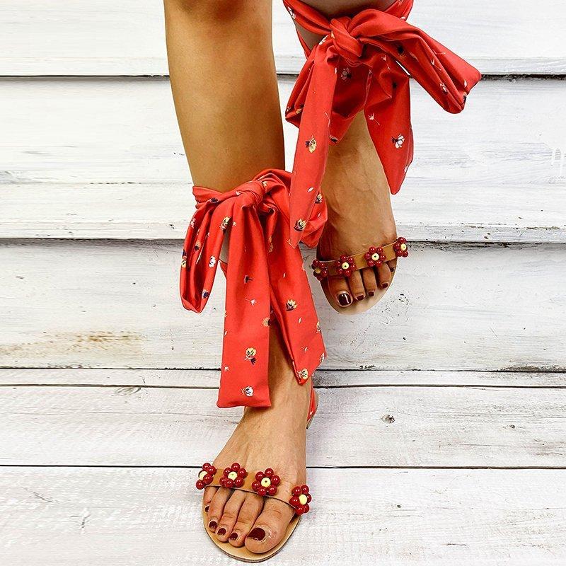 Women's boho ankle tie up bowknot flat sandals