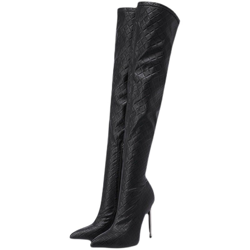 Women's qulited black stretchy stiletto thigh high boots | Sexy pointed toe over the knee boots