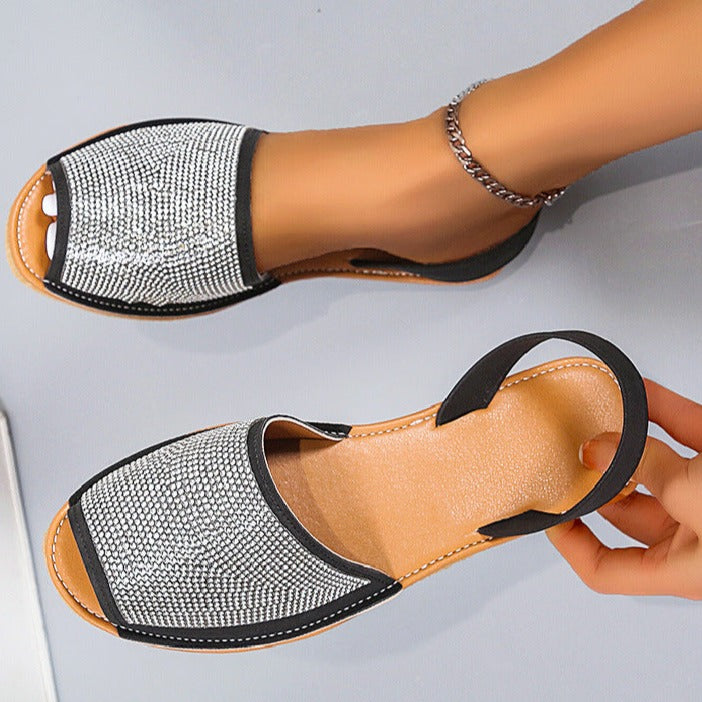 Women's rhinestone flat peep toe back strap sandals summer casual sandals