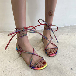 Women's rainbow rhinestone flat lace-up sandals