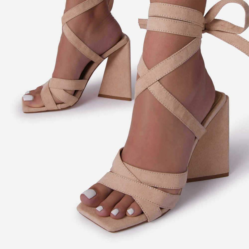 Women's peep toe ankle tie-up chunky high heels sandals