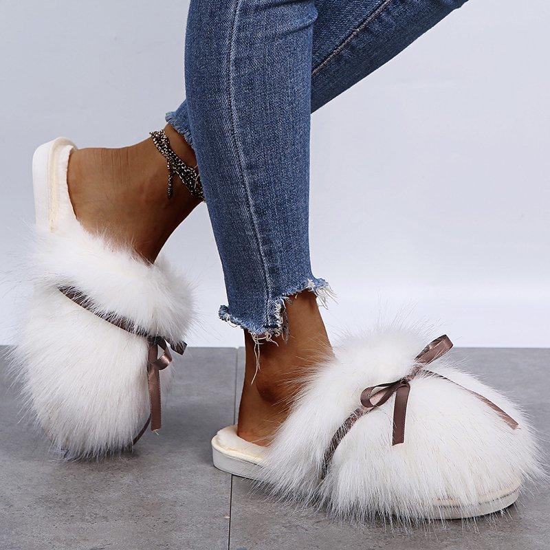 Women's cute bowknot fuzzy winter slippers | closed toe indoor slippers
