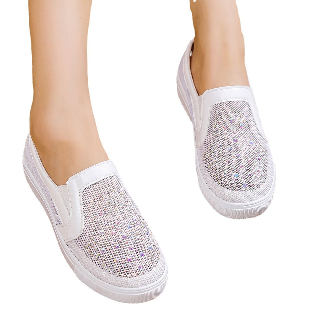 Women's rhinestone mesh hollow sneakers summer slip on casual shoes