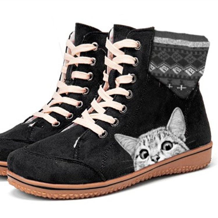 Women's cute cat print lace-up boots