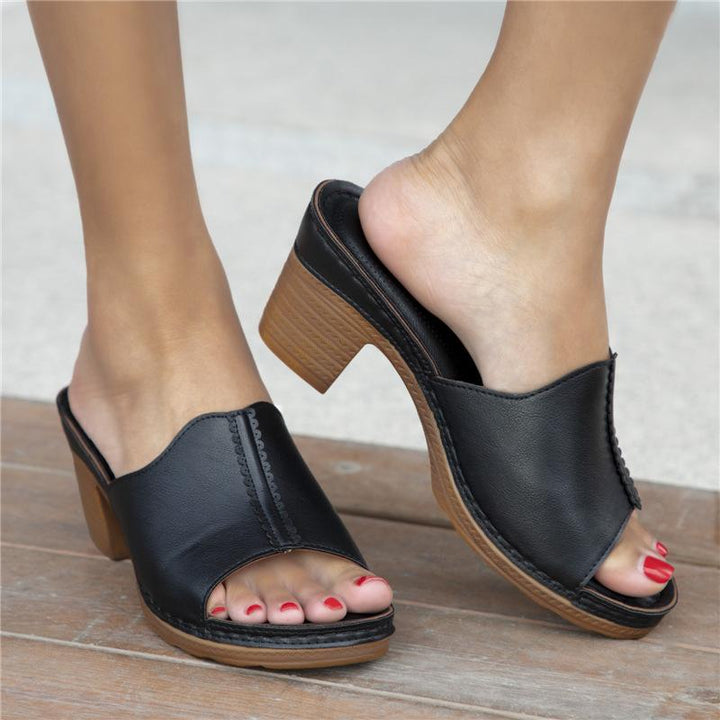 Women's chunky block heel peep toe mules sandals