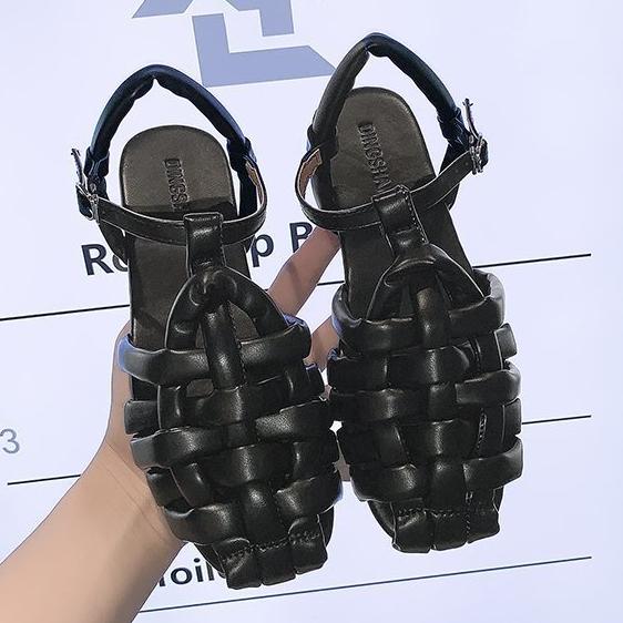 Women's woven closed toe buckle strap sandals vintage roman beach sandals