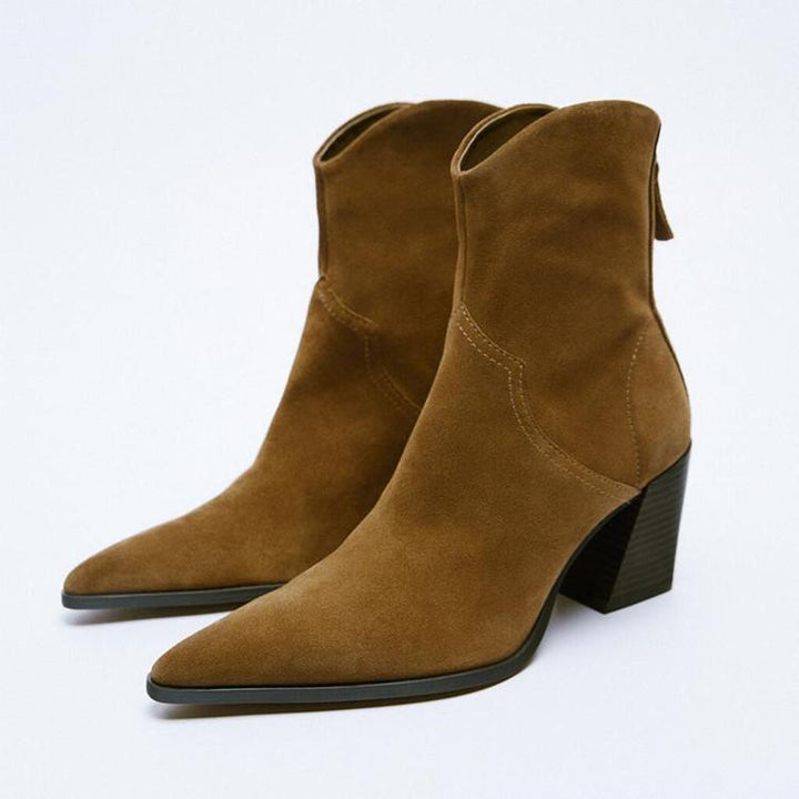 Brown block heel booties with back zipper