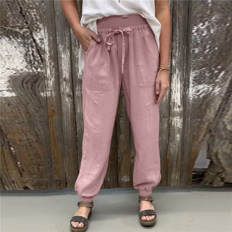Women's linen paper bag pants | knotted tie cotton linen pants