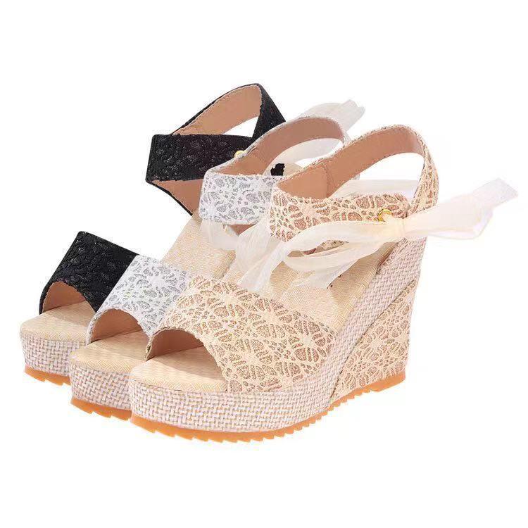Women's floral lace side bowknot peep toe wedge sandals
