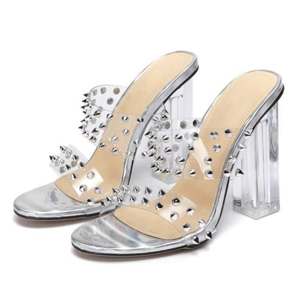 Women's sexy  2 rivets clears strap chunky high heels