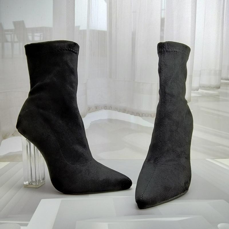 Sexy clear high heels faux suede booties