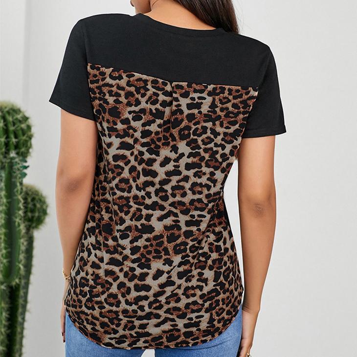 Women's leopard printed v-neck pocket t-shirts