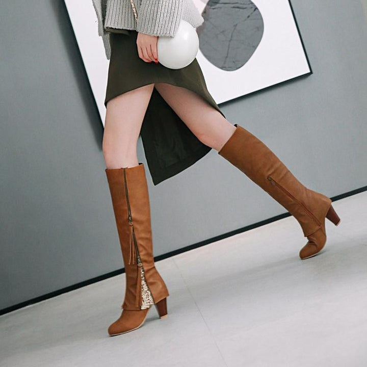 Slim fit side zip  chunky high heel knee high boots for women