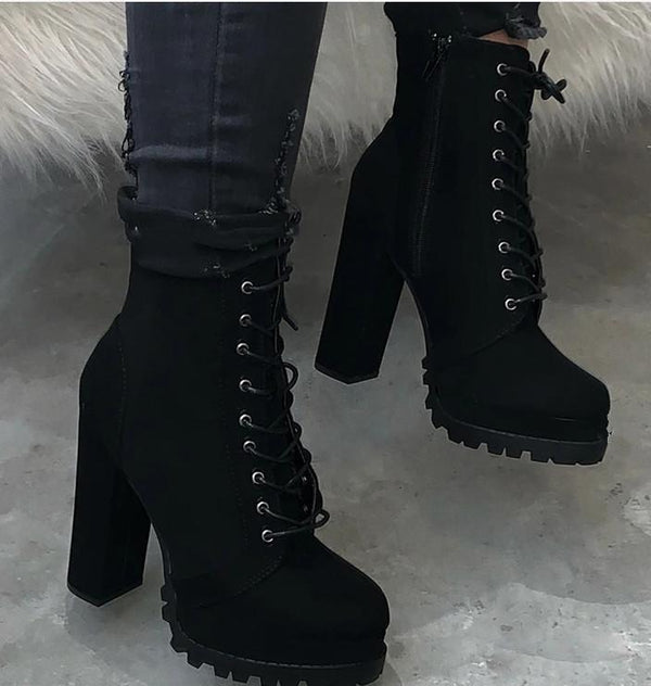 Women black front lace chunky high heel booties