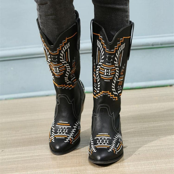 Women retro embroidery pointed toe block heel mid calf western cowboy boots