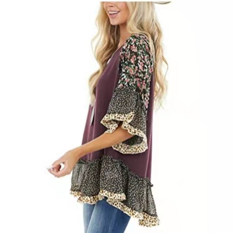 Women's floral printed half sleeves batwing sleeves tops spring summer ruffles pullovers tops