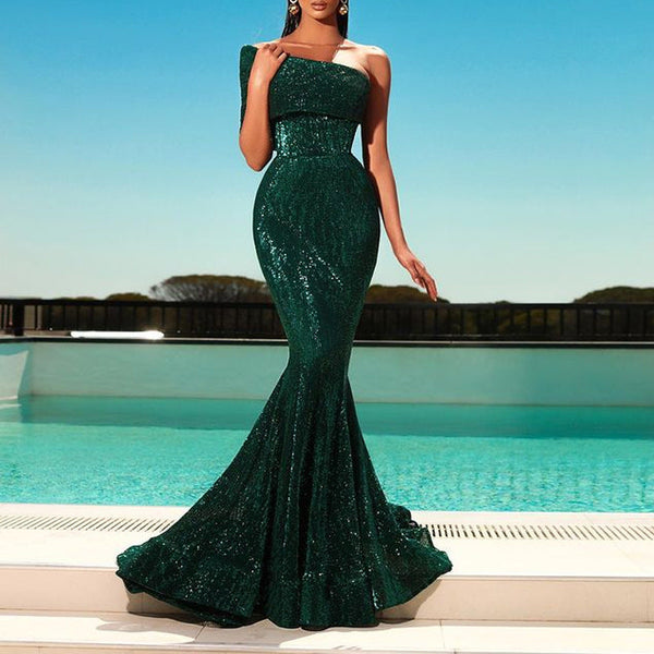 Lady's dark green sequins shining mermaid maxi dress sexy cold shoulder evening party prom banquet dress