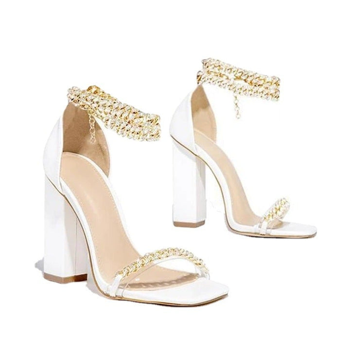 Rhinestone shining ankle strap chunky high heels | Summer party high heels