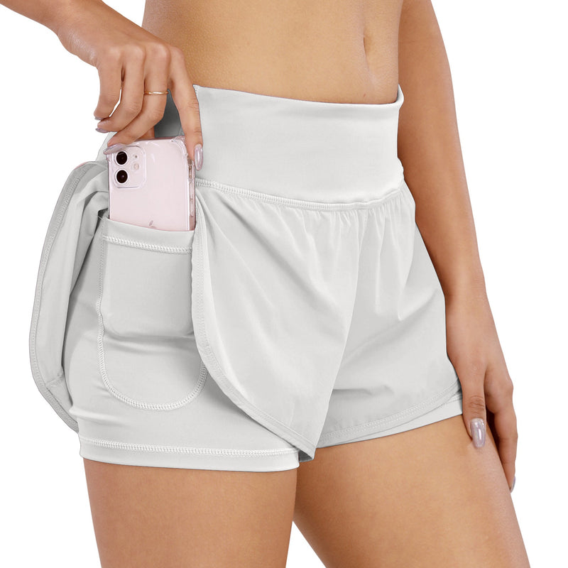 Women's fake 2 pieces yoga shorts with pockets | Fitness workout gym shorts
