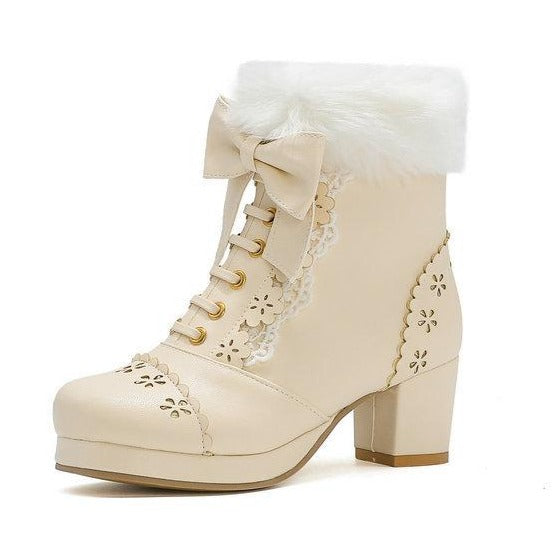 Women's sweet floral carved lolita block heel booties | Bowknot lace-up fuzzy cuff martin boots