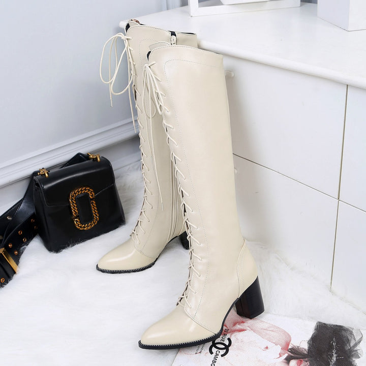 Pointed toe lace-up block heel knee high boots for women