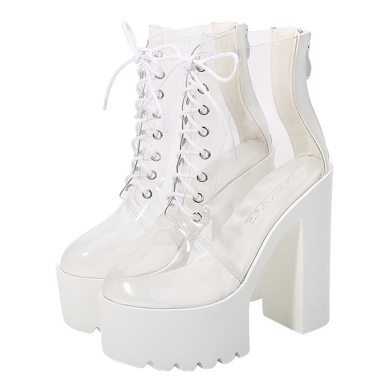 Transparent front lace chunky booties fashion party short boots