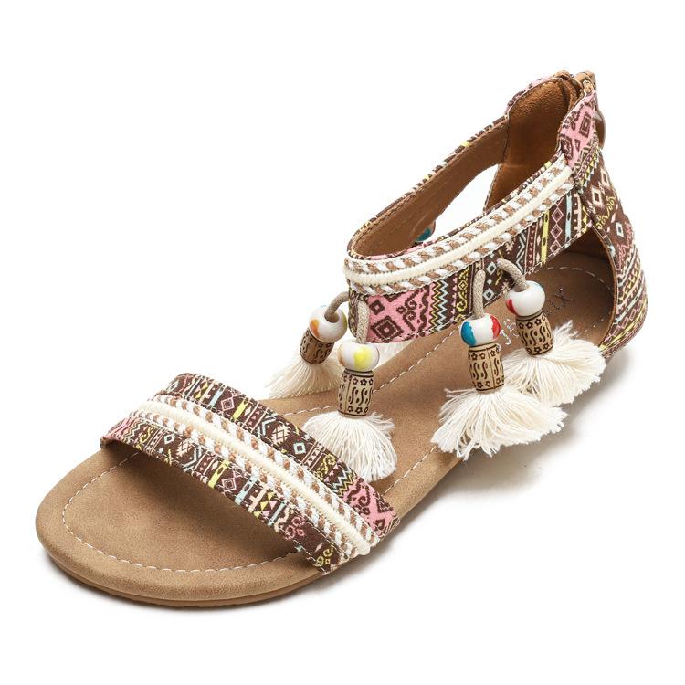 Women's boho beads poms sandals flat beach sandals