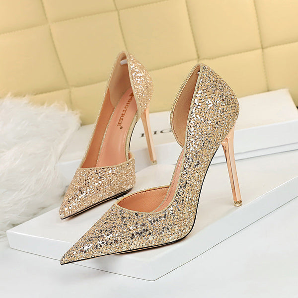 Women's rhinestone d¡¯Orsay stiletto pumps glitter sequins bridal wedding heels