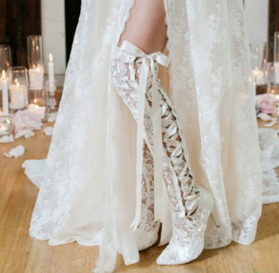 Women's white lace embroidery bridal boots Stiletto heels thigh high boots for wedding