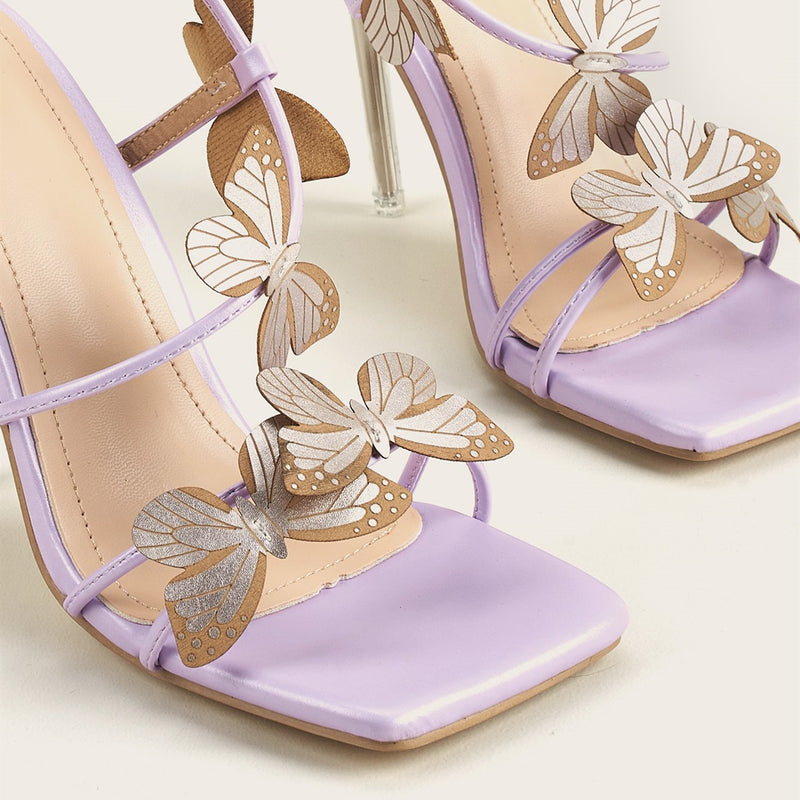 Women's butterfly decor peep toe stiletto heels sandals purple strappy dress shoes