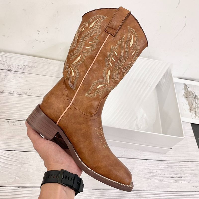 Women's brown cowboy boots Embroidery mid calf western boots