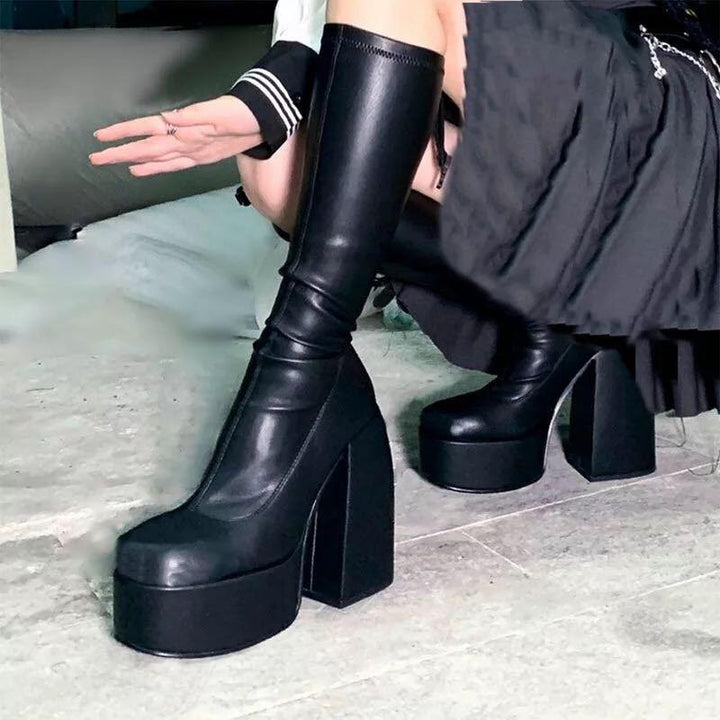 Black slim fit stretchy chunky high heel mid calf boots for women