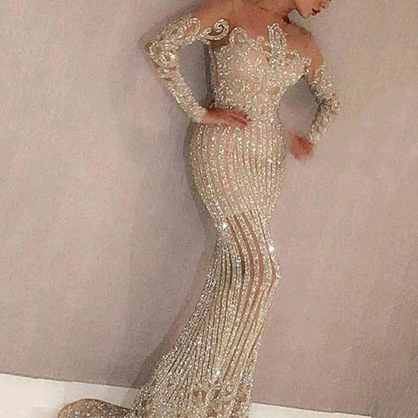 Gold sequins slimming long sleeves floor-length mermaid dress evening ...