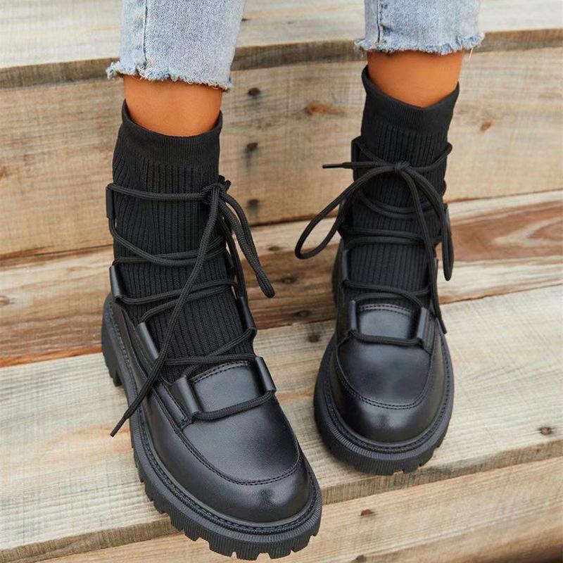 Women's black knit PU patchwork lace-up combat boots