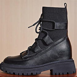 Women's black knit cuff chunky low heel combat boots
