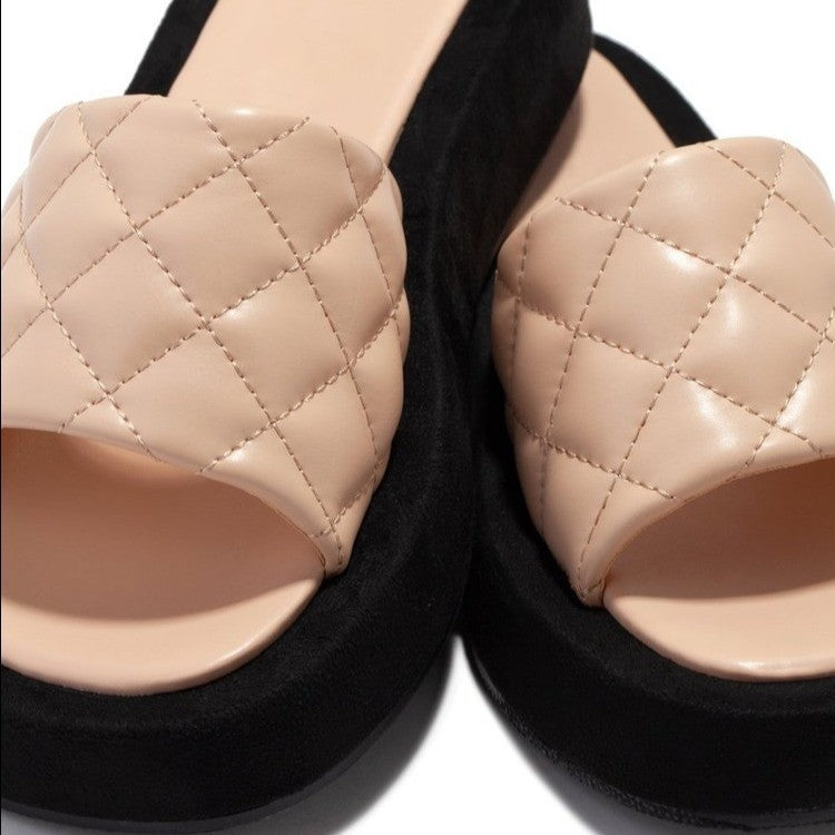 Women's quilted thick platform slides summer round toe casual peep toe sandals